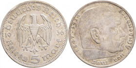 Third Reich 5 Mark 1936 A P.von Hindenburg
J#360 Ag.625 13,889g, 29/2,5mm A Berlin small edge
XF-