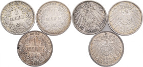 Lot 3 coins Germany empire 1 Mark 1899E,1910F,1911A WILLHELM II. 
J#17 Ag.900 5,556g, 24/1,4mm F Stuttgart, A Berlin E Muldenhütten
XF/VF
