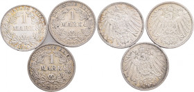 Lot 3 coins Germany empire 1 Mark 1908J,1902D,1914A WILLHELM II. 
J#17 Ag.900 5,556g, 24/1,4mm J Hamburg, D Munich,A Berlin
XF/XF-