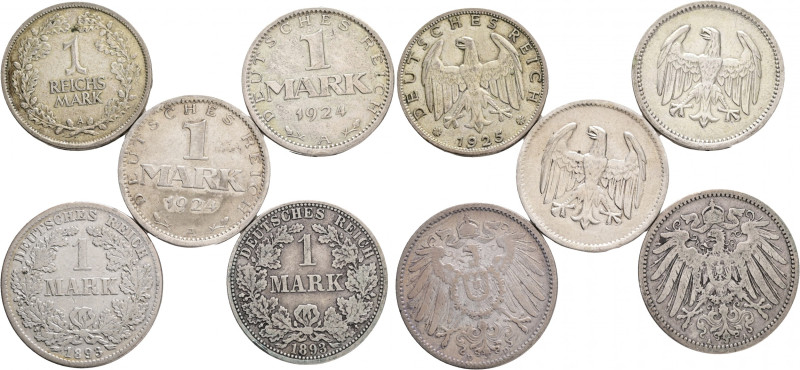 Lot 5 coins 1 Mark Ag 1893-1925 
Germany empire - Weimar rep.