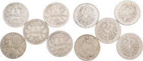 Lot 5 coins Germany empire 1 Mark 1875G,1874C,H,G,1885A WILLHELM II. 
J#9 Ag.900 5,556g, 24/1,4mm G Karlsruhe, C Frankfurt/Main, H Darmstadt, A Berli...