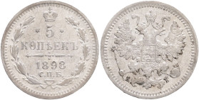 5 Kopecks 1898 SPB AG NICHOLAS II.
Y#19a.1 Ag.500 0,9g 15/0,57mm mint Saint-Petersburg mintmaster Apollon Grashof
XF-/VF