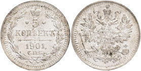 5 Kopecks 1901 SPB FZ NICHOLAS II.
Y#19a.1 Ag.500 0,9g 15/0,57mm mint Saint-Petersburg mintmaster Felix Zaleman
UNC-