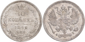 10 Kopecks 1899 SPB EB NICHOLAS II.
Y#20a.2 Ag.500 1,8g 17,5/1,1mm mint Saint-Petersburg mintmaster Apollon Grashof
VF