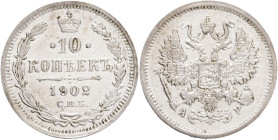 10 Kopecks 1902 SPB AG NICHOLAS II.
Y#20a.2 Ag.500 1,8g 17,5/1,1mm mint Saint-Petersburg mintmaster Apollon Grashof
XF