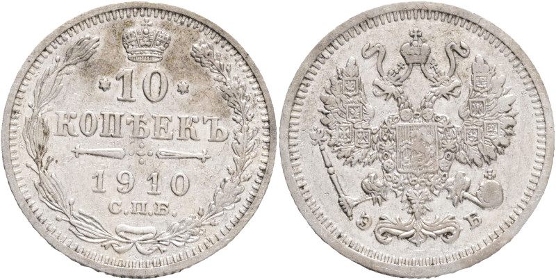 10 Kopecks 1910 SPB EB NICHOLAS II.
Y#20a.2 Ag.500 1,8g 17,5/1,1mm mint Saint-P...