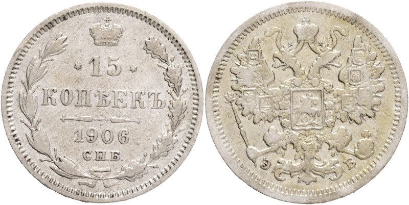 15 Kopecks 1906 SPB EB NICHOLAS II.
Y#21a.2 Ag.500 2,7g 19,7/1,3mm mint Saint-P...