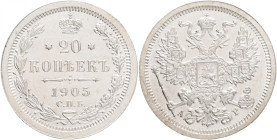 20 Kopecks 1905 SPB AR NICHOLAS II.
Y#22a.1 Ag.500 3,6g 22/1,01mm mint Saint-Petersburg mintmaster Alexandr Redko
UNC-