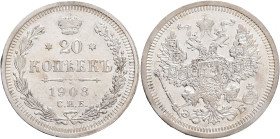 20 Kopecks 1908 SPB EB NICHOLAS II.
Y#22a.1 Ag.500 3,6g 22/1,01mm mint Saint-Petersburg mintmaster Elikum Babayants
UNC-