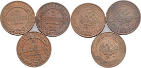Lot 3 coins 2 Kopeks 1913 SPB,1915,16 without NICHOLAS II.
Y#10.1/3 Měď 6,56g 24,5/1,8mm Petrohrad 
XF--/VF