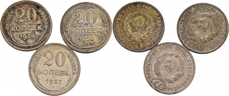 Lot 3 coins 20 Kopeks 1924,5,7 RSFSR Soviet Union 
Y#88 Ag.500 3,6g 21,8/1mm 
...