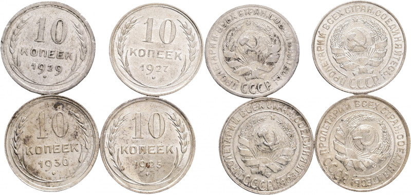 Lot 4 coins 10 Kopeks 1925,7,9,30 CCCP Soviet Union 
Y#86 Ag.500 1,8g 17,27/1mm...