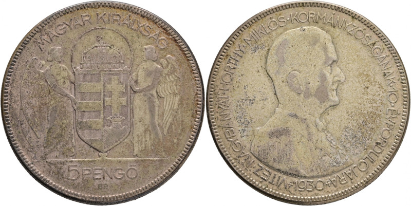 5 Pengö 1930 BP 10th Anniversary – Regency of Admiral Miklós Horthy, patina
KM#...