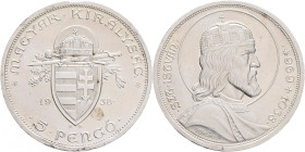 5 Pengö 1938 BP Miklós Horthy 900th Anniversary – Death St.Stephan, edge
KM#516 Silver Ag.640 25g 36/2,9mm author Lajos Berán
UNC/XF