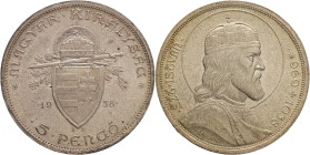 5 Pengö 1938 BP Miklós Horthy 900th Anniversary – Death St.Stephan, patina
KM#516 Silver Ag.640 25g 36/2,9mm author Lajos Berán
UNC-
