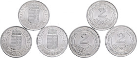 Lot 3 coins 2 Pengö 1941-3 BP Miklós Horthy WWII. Coins
KM#522.1 Aluminium 2,8g 28/2,2mmmm author Lajos Berán
UNC