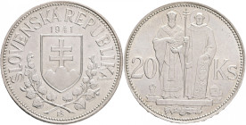 20 Koruna 1941 Slovenský Štát , Cyril&Metoděj , single cross on church
KM#7 Ag.500 15g 31mm mint Kremnica
UNC-