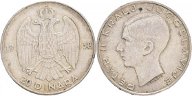 20 Dinara 1938 PETAR II. Kingdom
KM#23 Ag.750 8,96g 27/1,85mm F.Dinčič
XF