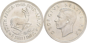 5 Shillings 1948 GEORGE VI. Pretoria
KM#40.1 Ag.800 28,44g 38,61/3,06mm mint Pretoria
UNC