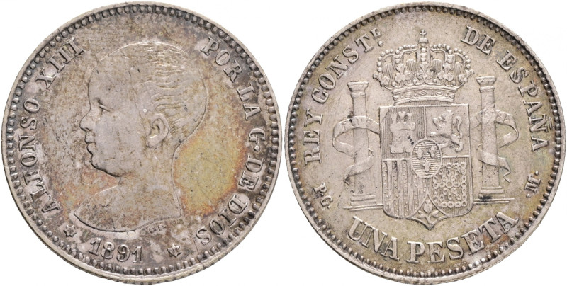 1 Peseta 1891 PGM ALFONSO XIII. 1th portrait Madrid
KM#691 Ag.835 5g 23/1mm min...