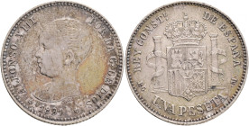1 Peseta 1891 PGM ALFONSO XIII. 1th portrait Madrid
KM#691 Ag.835 5g 23/1mm mint Madrid author G.S.Gonzáles patina
XF