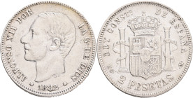 2 Pesetas 1882 MSM ALFONSO XII. Madrid
KM#678.2 Ag.835 9,91g 27/2mm mint Madrid author G.S.Gonzáles
XF/VF