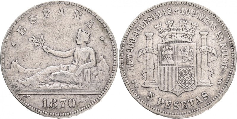 5 Pesetas 1870 SNM Provisional government Madrid
KM#655 Ag.900 24,73g 37/2mm mi...