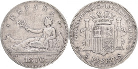 5 Pesetas 1870 SNM Provisional government Madrid
KM#655 Ag.900 24,73g 37/2mm mint Madrid author L.M.Hombrón
VF