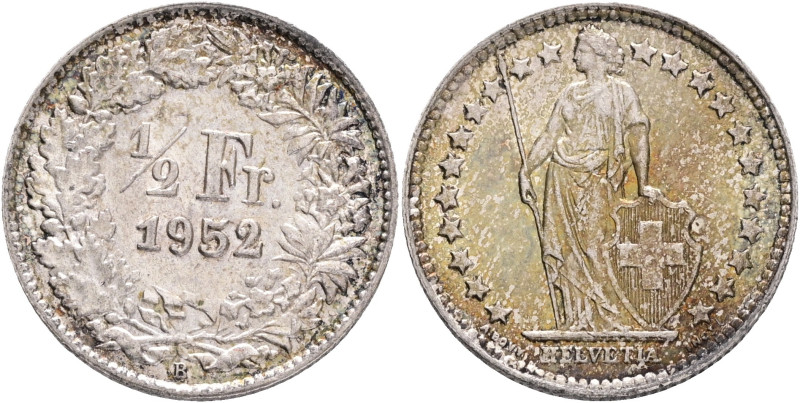 ½ Franc 1952 Helvetia standing
KM#29a Silver Ag.835 2,53g 18,2mm mint Bern
XF