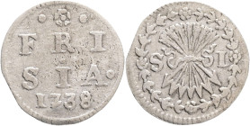 1 Stuiver 1738 „Bezemstuiver“ Province of Friesland, last year of minting
KM#42, CNM#2.16.117-9 Billon Ag.333 0,69g 16,5mm
XF/VF