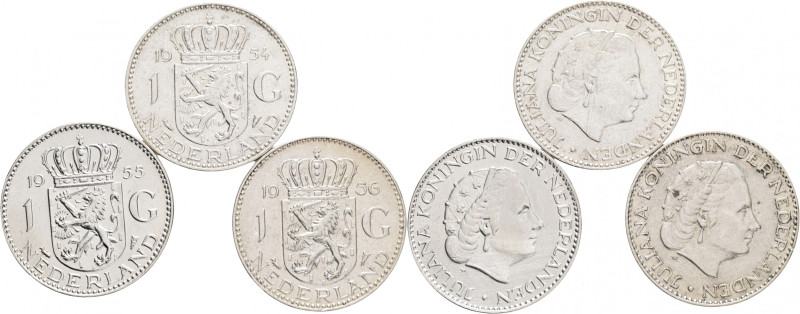 Lot 3 coins 1 Gulden 1954,5,6 JULIANA
KM#184 Silver Ag.720 6,5g 25mm
UNC/XF