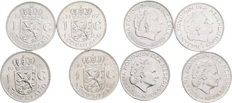 Lot 4 coins 1 Gulden 1955,6,64,7 JULIANA
KM#184 Silver Ag.720 6,5g 25mm
UNC