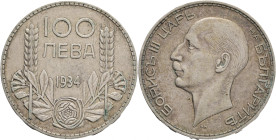 100 Leva 1934 BORIS III.
KM#45 Silver Ag.500 20g 34/2,82mm mint London and Belgrade author Percy Matcalfe
XF