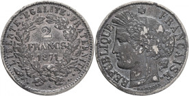 2 Francs 1871 A III.Republik Paris Small "A" Patina
KM#817.1 Ag.835 10g 27mm mint Paris mintmark DA. Barré
VF