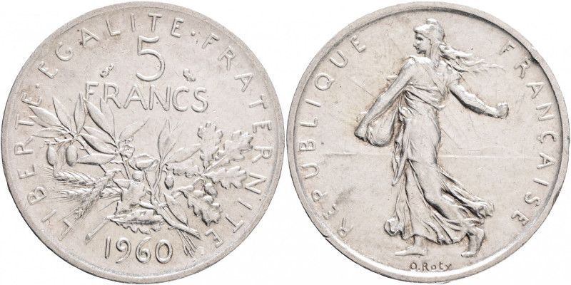 5 Francs 1960 Fifth republic Seeder, olive,acorns,wheat
F#340,KM#926 Ag.835 12g...