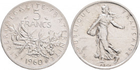 5 Francs 1960 Fifth republic Seeder, olive,acorns,wheat
F#340,KM#926 Ag.835 12g, 29/2,3mm author Oscar Roty
UNC