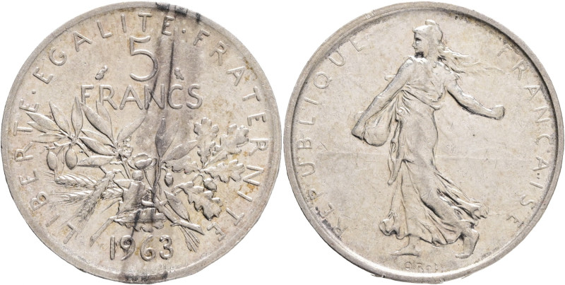 5 Francs 1963 Fifth republic Seeder, olive,acorns,wheat
F#340,KM#926 Ag.835 12g...
