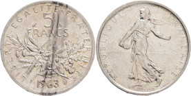 5 Francs 1963 Fifth republic Seeder, olive,acorns,wheat
F#340,KM#926 Ag.835 12g, 29/2,3mm author Oscar Roty
UNC