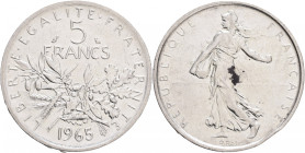 5 Francs 1965 Fifth republic Seeder, olive,acorns,wheat
F#340,KM#926 Ag.835 12g, 29/2,3mm author Oscar Roty
UNC