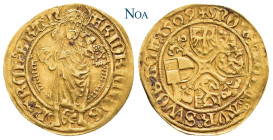 BRANDENBURG-FRANKEN
Friedrich allein, 1495-1515. Goldgulden 1509 Schwabach Münzmeister H. Rosenberger. Schrötter 512; Fr. 306; Slg. Grüber 3140. 3.27...