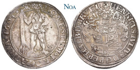 BRAUNSCHWEIG-WOLFENBÜTTEL
Heinrich Julius, 1589-1613. Reichstaler 1604 Zellerfeld Welter 645 B; Dav. 6285. 29.01 g. Feine Tönung, gutes sehr schön