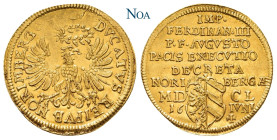 NÜRNBERG, Stadt.
 Dukat 1650 Münzmeister G. Nürnberger der Ältere. Mit Titel Ferdinands III., auf den Friedensexekutionshauptrezeß vom 26. Juni 1650....