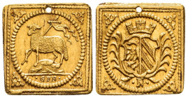 NÜRNBERG, Stadt.
 1/4 Lammdukaten-Klippe ohne Jahr (1700) Münzmeister G. F. Nürnberger. Kellner 95; Slg. Erlanger 602; Fr. 1892. 0.85 g. Gelocht, son...