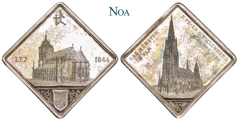 ULM, Stadt.
 Klippenförmige Silbermedaille 1890 Stempel von G. Schiller, Stuttg...