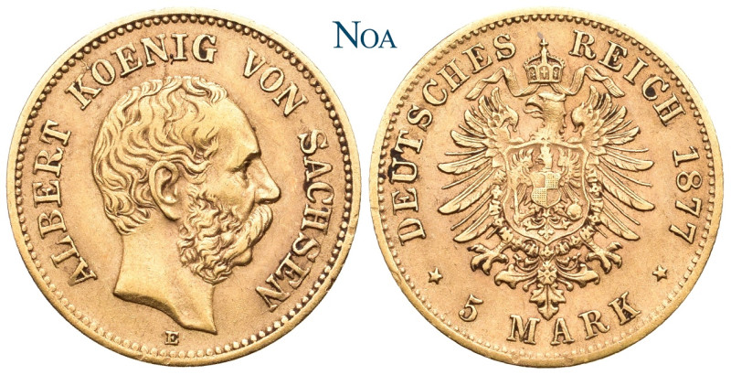 REICHSGOLDMÜNZEN SACHSEN
Albert, 1873-1902. 5 Mark 1877 E Dresden J. 260. Min. ...