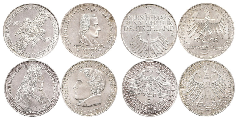 BRD
Lot 5 Deutsche Mark (4 Stücke) 1952, 1955 und 1957 Die ersten vier Gedenkmü...