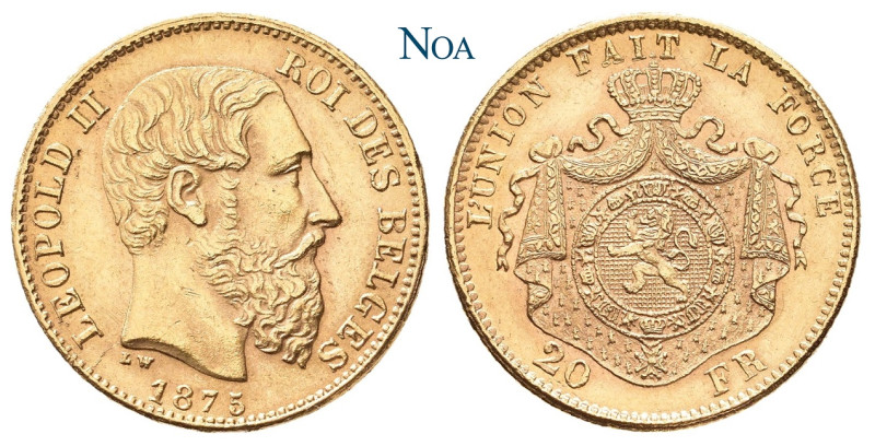 BELGIEN KÖNIGREICH
Leopold II., 1865-1909. 20 Francs 1875 Brüssel KM 37; Fr. 41...