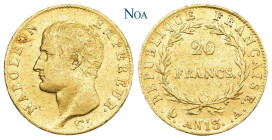 FRANKREICH
Napoleon I., 1804-1814, 1815. 20 Francs An 13 (1804) A Paris Gad. 1022; Fr. 487a; KM 663.1. 6.40 g. Sehr schön