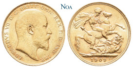 GROSSBRITANNIEN VEREINIGTES KÖNIGREICH
Edward VII., 1901-1910. Sovereign 1909 London Fr. 400; KM 805; Spink 3969. 7.98 g. Fast vorzüglich