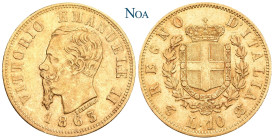 ITALIEN KÖNIGREICH
Viktor Emanuel II., 1849-1878. 10 Lire 1863 T Turin Montenegro 156; KM 9.2; Pagani 477a; Fr. 15. 3.21 g. Gutes sehr schön
